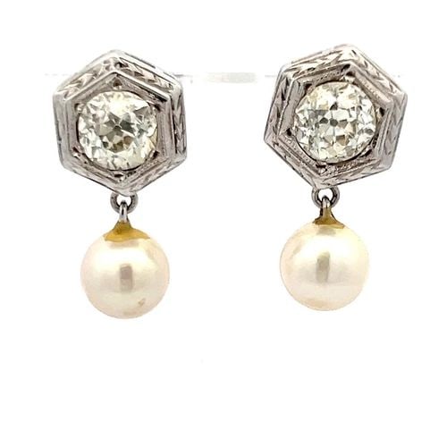 2.00 CARAT OLD EUROPEAN DIAMOND 7MM PEARL 14K WG DANGLING EARRINGS (1 of 2)