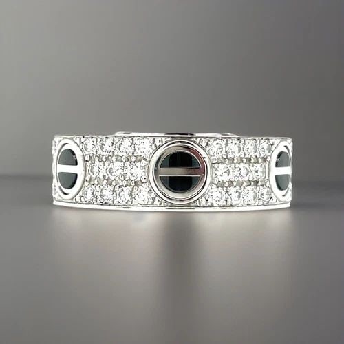 CARTIER LOVE DIAMOND-PAVED CERAMIC WHITE GOLD CERAMIC DIAMONDS RING, SIZE 55: CARTIER LOVE DIAMOND-PAVED CERAMIC WHITE GOLD CERAMIC DIAMONDS RING, SIZE 55 This exquisite Cartier Love ring in size 55 boasts a stunning 66 natural diamonds with a total carat weight of approximatel
