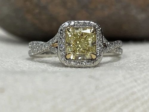 1.12CT NATURAL FANCY YELLOW CUT-CORNERED SQUARE MODIFIED BRILLIANT DIAMOND RING (1 of 2)