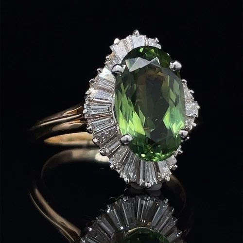 VINTAGE OVAL GREEN TOURMALINE BALLERINA STYLE DIAMOND RING IN YELLOW GOLD (1 of 2)