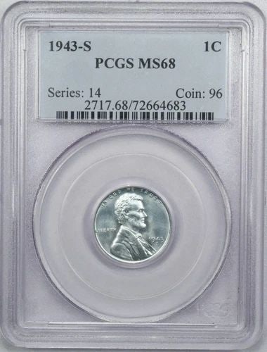1943-S STEEL LINCOLN WHEAT CENT 1C, PCGS MS68, SUPERB GEM UNCIRCULATED BU (1 of 2)