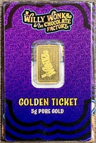 RARE WILLY WONKA GOLDEN TICKET PAMP SUISSE 5G GOLD BAR IN ASSAY CARD & SLEEVE (1 of 2)