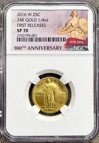 2016 W 100TH ANNIVERSARY STANDING LIBERTY QUARTER 24K GOLD 1/4OZ, NGC SP70: 2016 W 100TH ANNIVERSARY STANDING LIBERTY QUARTER 24K GOLD 1/4OZ, NGC SP70 2016 W 100th Anniversary Standing Liberty Quarter 24k Gold 1/4oz, NGC SP70 THE ITEM(S) IN THE PHOTO(S) IS THE EXACT ITEM(S) Y