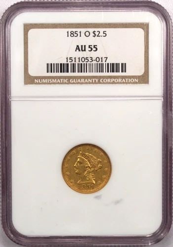 1851-O LIBERTY HEAD $2.5 GOLD QUARTER EAGLE, NGC AU55, ABOUT UNCIRCULATED: 1851-O LIBERTY HEAD $2.5 GOLD QUARTER EAGLE, NGC AU55, ABOUT UNCIRCULATED 1851-O Liberty Head $2.5 Gold Quarter Eagle, NGC AU55, About Uncirculated THE ITEM(S) IN THE PHOTO(S) IS THE EXACT ITEM(S) YOU