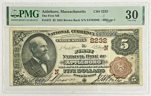 1882 $5 FIRST NATIONAL BANK ATTLEBORO MA BROWN BACK FR# 475 PMG VF 30 VERY FINE (1 of 2)