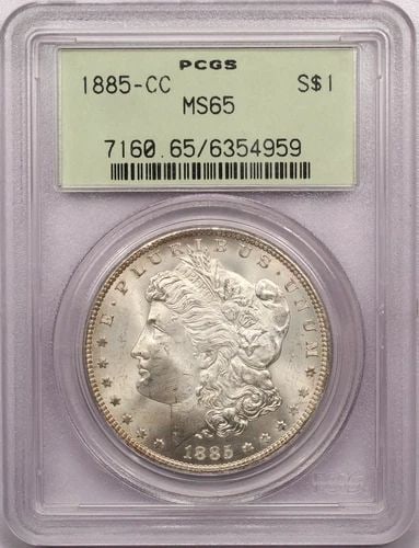 1885-CC MORGAN SILVER DOLLAR $1, PCGS MS65 OGH, GEM UNCIRCULATED BU (1 of 2)