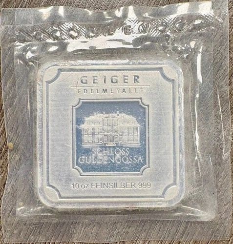 GEIGER EDELMETALLE 10OZ .999 FINE SILVER SECURITY LINE SQUARE BAR IN PLASTIC (1 of 2)