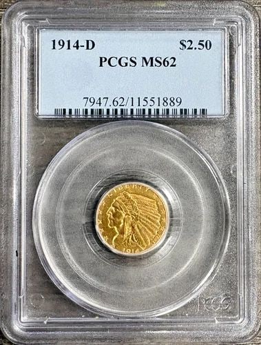 1914-D INDIAN HEAD GOLD QUARTER EAGLE $2.50, PCGS MS62, UNCIRCULATED BU (1 of 2)