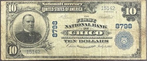 1902 NATIONAL CURRENCY FNB OF CHICO CALIFORNIA CA, FINE F CONDITION. LOW POP!: 1902 NATIONAL CURRENCY FNB OF CHICO CALIFORNIA CA, FINE F CONDITION. LOW POP! 1902 National Currency FNB of Chico California CA, Fine F Condition LOW POP! Rare low population national banknote from Ch