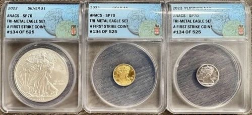 2023 FIJI TRI-METAL EAGLE 3-COIN SET SILVER GOLD PLATINUM ANACS SP70 #134 OF 525 (1 of 2)