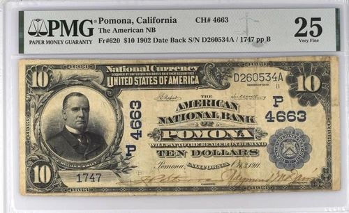 1902 $10 AMERICAN NATIONAL BANK NOTE POMONA CA PMG VF25 VERY FINE FR #620 (1 of 2)