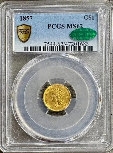 1857 TYPE 3 ONE DOLLAR GOLD $1, PCGS MS62 CAC, UNCIRCULATED BU (1 of 2)