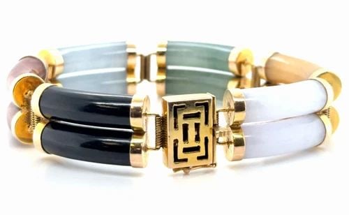 14K YELLOW GOLD MULTICOLOR JADE CABOCHON BEADED BRACELET W/ BOX CLOSURE (1 of 2)