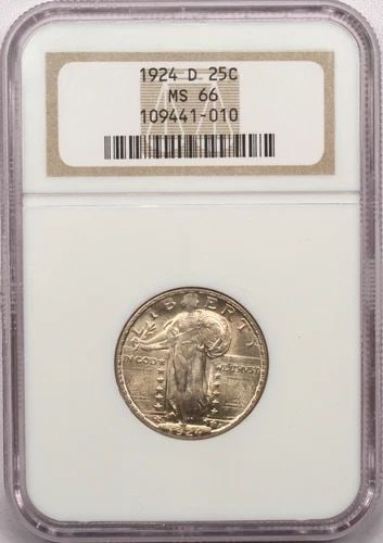1924-D STANDING LIBERTY QUARTER 25C, NGC MS66, GEM UNCIRCULATED BU LIGHTLY TONED (1 of 2)