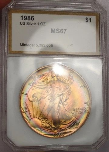 1986 AMERICAN SILVER EAGLE $1, PCI GEM UNCIRCULATED, RAINBOW TONED! (1 of 2)