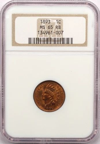 1893 INDIAN HEAD CENT 1C, NGC MS65RB, GEM UNCIRCULATED BU, RED/BROWN MOSTLY RED (1 of 2)