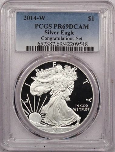 2014-W PROOF SILVER EAGLE ASE $1, PCGS PR69DCAM, CONGRATULATIONS SET (1 of 2)