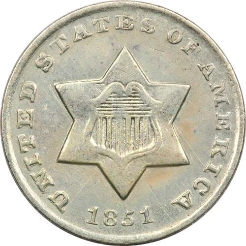 1851-O THREE CENT SILVER 3CS, ABOUT UNCIRCULATED AU+, CLEANED (1 of 2)