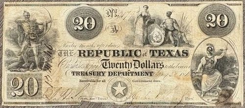 1839-1841 REPUBLIC OF TEXAS $20 OBSOLETE TREASURY NOTE, VERY FINE VF, SMALL CUT: 1839-1841 REPUBLIC OF TEXAS $20 OBSOLETE TREASURY NOTE, VERY FINE VF, SMALL CUT 1839-1841 Republic of Texas $20 Obsolete Treasury Note, Very Fine VF, Small Cut Small cut at edge THE ITEM(S) IN THE PHO