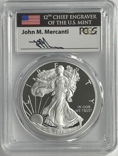2020-W SILVER EAGLE PROOF $1 PCGS PR70DCAM, MERCANTI, CONGRATULATIONS, 1ST DAY (1 of 2)