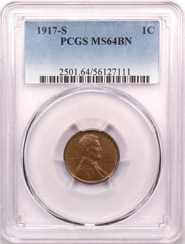 1917-S LINCOLN WHEAT CENT 1C, PCGS MS64BN BROWN, CHOICE UNCIRCULATED BU: 1917-S LINCOLN WHEAT CENT 1C, PCGS MS64BN BROWN, CHOICE UNCIRCULATED BU 1917-S Lincoln Wheat Cent 1C, PCGS MS64BN Brown, Choice Uncirculated BU