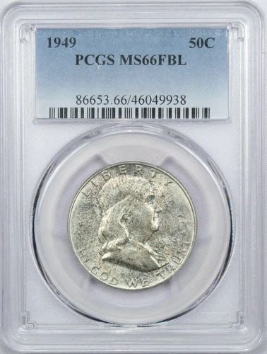 1949 FRANKLIN HALF DOLLAR 50C, PCGS MS66FBL TONED, GEM BRILLIANT UNCIRCULATED BU: 1949 FRANKLIN HALF DOLLAR 50C, PCGS MS66FBL TONED, GEM BRILLIANT UNCIRCULATED BU 1949 Franklin Half Dollar 50C, PCGS MS66FBL Toned, Gem Brilliant Uncirculated BU
