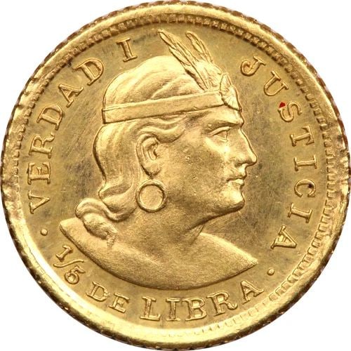 1955 ZBR PERU 1/5TH LIBRA GOLD COIN, GEM UNCIRCULATED BU, KM# 210 (1 of 2)