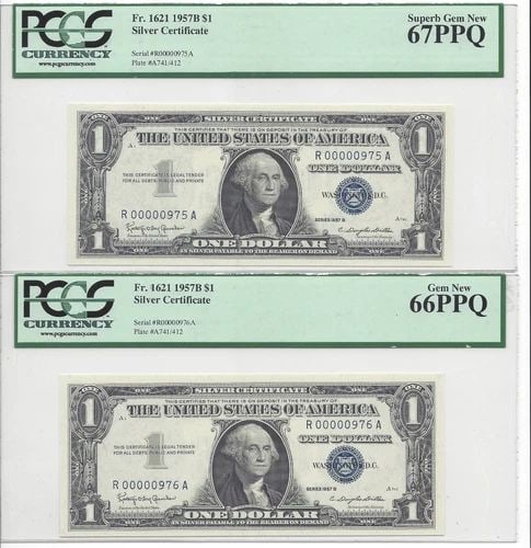 1957B $1 SILVER CERTIFICATE PCGS 67PPQ & 66PPQ, CONSECUTIVE & LOW SERIAL NUMBERS (1 of 2)