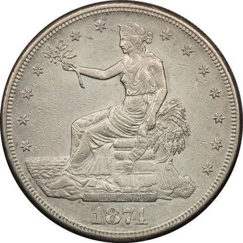 1874-S TRADE SILVER DOLLAR $1, ABOUT UNCIRCULATED AU, CLEANED (1 of 2)