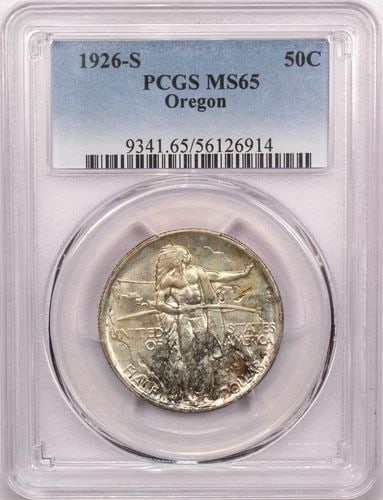 1926-S OREGON TRAIL COMMEMORATIVE HALF DOLLAR 50C, PCGS MS65, TONED, GEM UNCIRC (1 of 2)