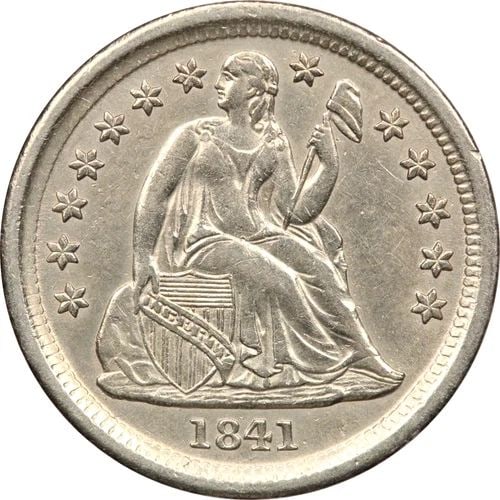 1841 SEATED LIBERTY DIME 10C, BRILLIANT UNCIRCULATED BU, CLEANED (1 of 2)