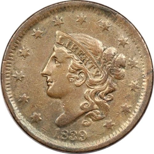 1839 HEAD OF 1838 CORONET HEAD LARGE CENT 1C, ABOUT UNCIRCULATED AU (1 of 2)