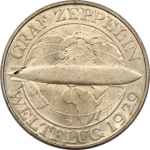 1930 D GERMANY WEIMAR REPUBLIC 3 REICHSMARK ZEPPELIN, UNCIRCULATED BU, TONED (1 of 2)