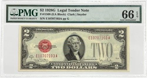 1928G RED SEAL $2 LEGAL TENDER PMG CU 66 EPQ GEM UNCIRCULATED FR# 1508 EA BLOCK (1 of 2)