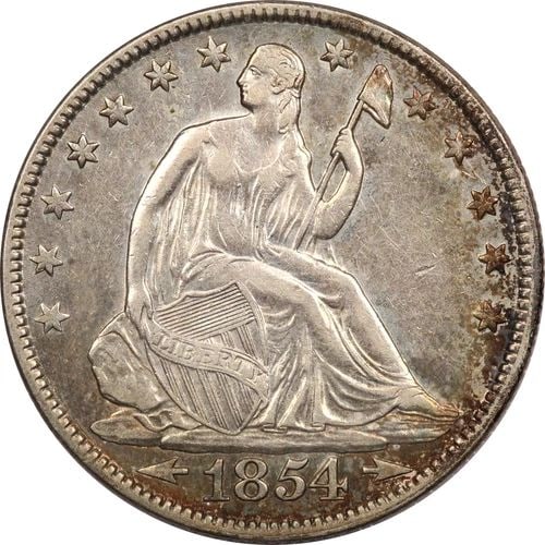 1854 ARROWS SEATED LIBERTY HALF DOLLAR 50C, ABOUT UNCIRCULATED AU, LIGHT CLEANED (1 of 2)
