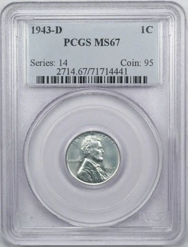 1943-D STEEL LINCOLN WHEAT CENT 1C, PCGS MS67, GEM UNCIRCULATED, SPOT ON REVERSE (1 of 2)