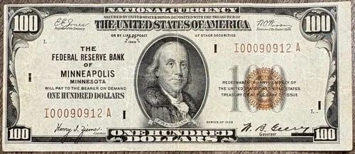 1929 $100 NATIONAL CURRENCY FRN MINNEAPOLIS MN, VERY FINE VF+ (1 of 2)