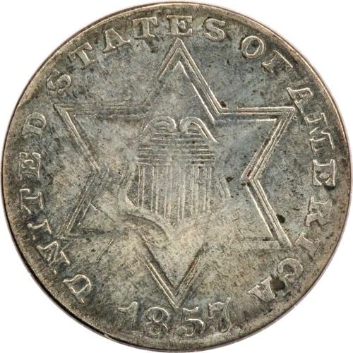 1857 THREE CENT SILVER 3CS, ABOUT UNCIRCULATED AU, DARK TONING (1 of 2)