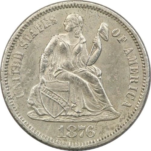 1876-CC SEATED LIBERTY DIME 10C, UNCIRCULATED BU, MINOR ENVIRONMENTAL DAMAGE (1 of 2)