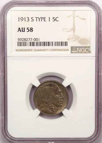 1913-S TYPE 1 BUFFALO NICKEL 5C, NGC AU58, ABOUT UNCIRCULATED, TONED (1 of 2)
