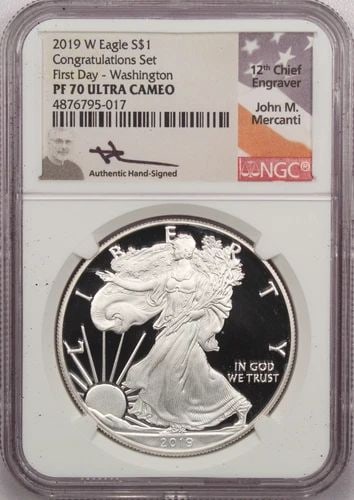 2019-W PROOF SILVER EAGLE ASE $1 NGC PF70 UCAM CONGRATULATIONS SET FDOI MERCANTI (1 of 2)