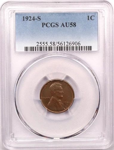 1924-S LINCOLN WHEAT CENT 1C, PCGS AU58, ABOUT UNCIRCULATED+, LOOKS BU! SOME RED (1 of 2)