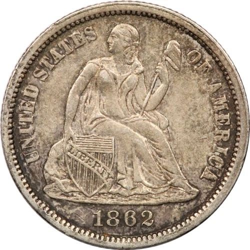 1862 SEATED LIBERTY DIME 10C, ABOUT UNCIRCULATED AU+, TONED (1 of 2)