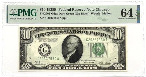 1928B $10 FRN CHICAGO DARK GREEN SEAL PMG CU64 EPQ, CHOICE UNCIRCULATED, FR 2002 (1 of 2)