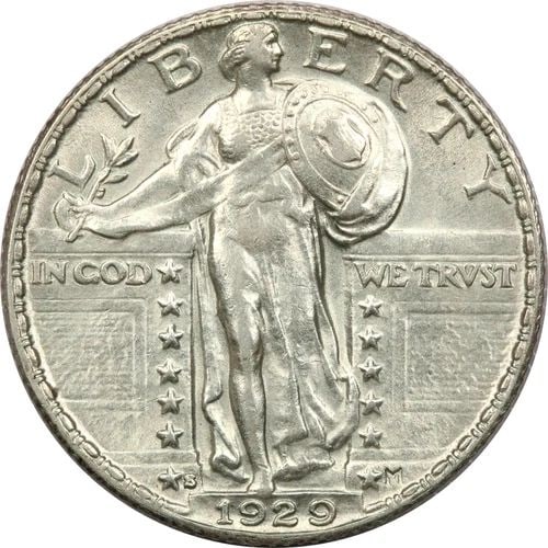 1929-S STANDING LIBERTY QUARTER 25C, UNCIRCULATED BU, LIGHTLY CLEANED (1 of 2)