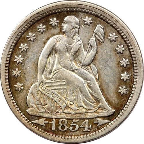 1854 ARROWS SEATED LIBERTY DIME 10C, ABOUT UNCIRCULATED AU, TONED (1 of 2)