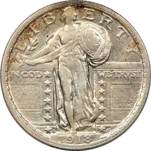 1918-S STANDING LIBERTY QUARTER 25C, ABOUT UNCIRCULATED AU (1 of 2)