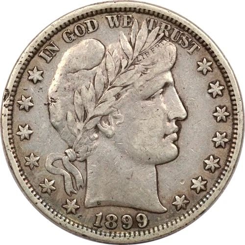 1899 BARBER HALF DOLLAR 50C, EXTREMELY FINE XF, RIM DAMAGE (1 of 2)