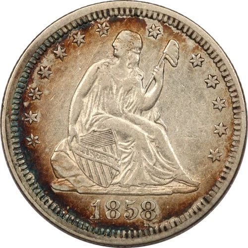 1858 SEATED LIBERTY QUARTER 25C, ABOUT UNCIRCULATED AU, COLORFUL TONING (1 of 2)