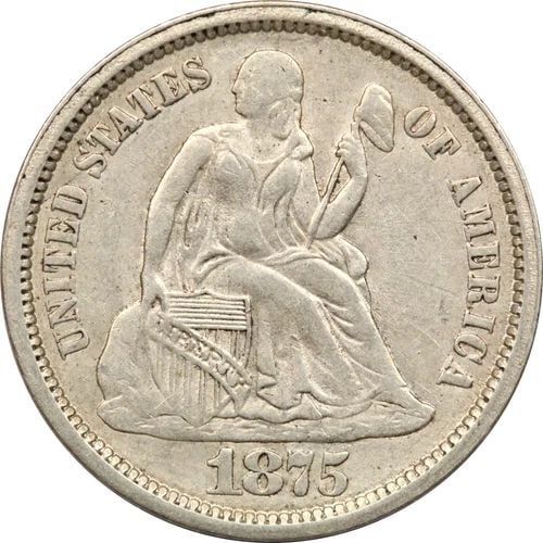 1875-S MM ABOVE SEATED LIBERTY DIME 10C, EXTREMELY FINE XF+ (1 of 2)